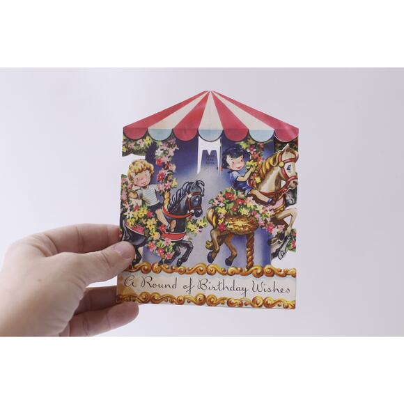 Merry-Go-Round, Interactive, 3-D, Birthday, 1940s.  Greeting Card, USED, Folding - Picture 1 of 3